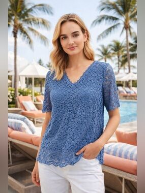 NWT Elisabeth Petite Blue Crochet Lace Top 1P Lined Short Sleeve Boho Blouse